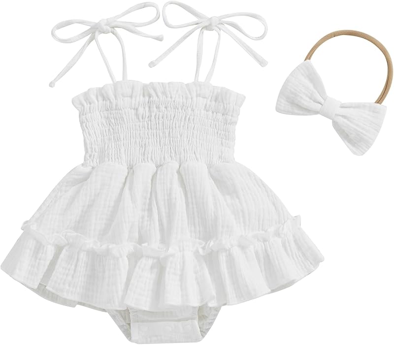 Murnouche Newborn Baby Girl Romper Dress Summer Clothes Boho Photoshoot Outfits with Headband