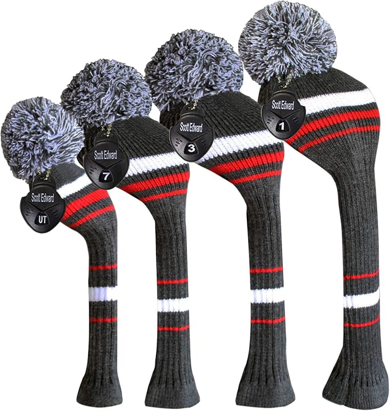 Scott Edward Golf Club Head Covers Set of 4, Acrylic Yarn Double-Layers Knitted, with Rotatable Number Tags