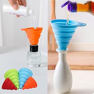 KongNai Kitchen Funnel Set 4 Pack, Small and Large, Kitchen Gadgets Accessories Foldable Silicone Collapsible Funnels for Filling Water Bottle Liquid Transfer Food Grade