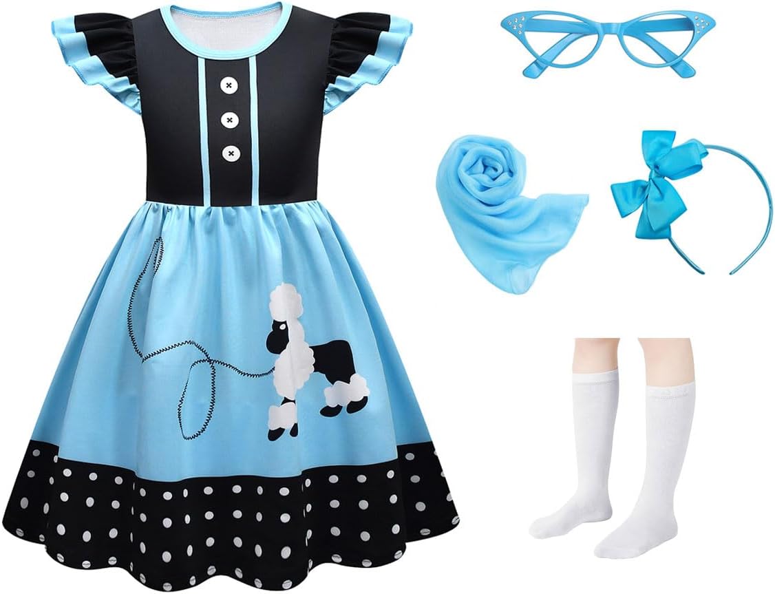 50s Costumes for Girls Kids Poodle Skirts with 4pcs Accessories, 9-12Y