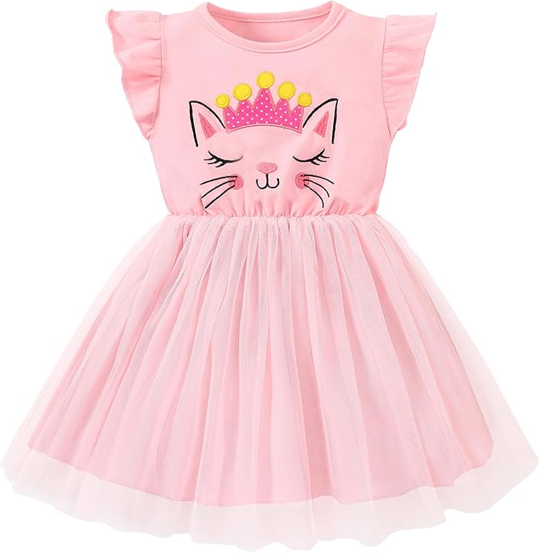 Little Girls Tulle Tutu Dress - Toddler Kids Flutter Sleeve Princess Sundress Casual Summer Outfit Clothes for 2-7Y