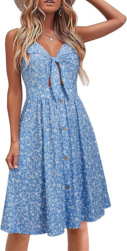 VOTEPRETTY Womens Summer Dresses Tie Front Beach Dress Spaghetti Strap Sundress with Pockets for Party Vacation