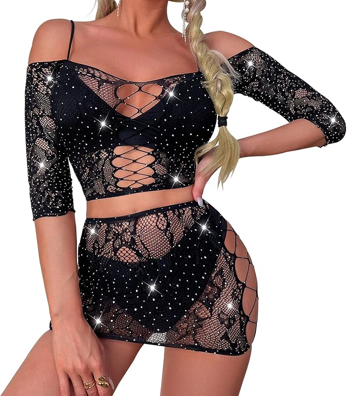RechicGu Women's Fishnet Lingerie Mesh Hole Chemise Lingerie Long Sleeved Babydoll Bodysuit Dress Free Size for Women