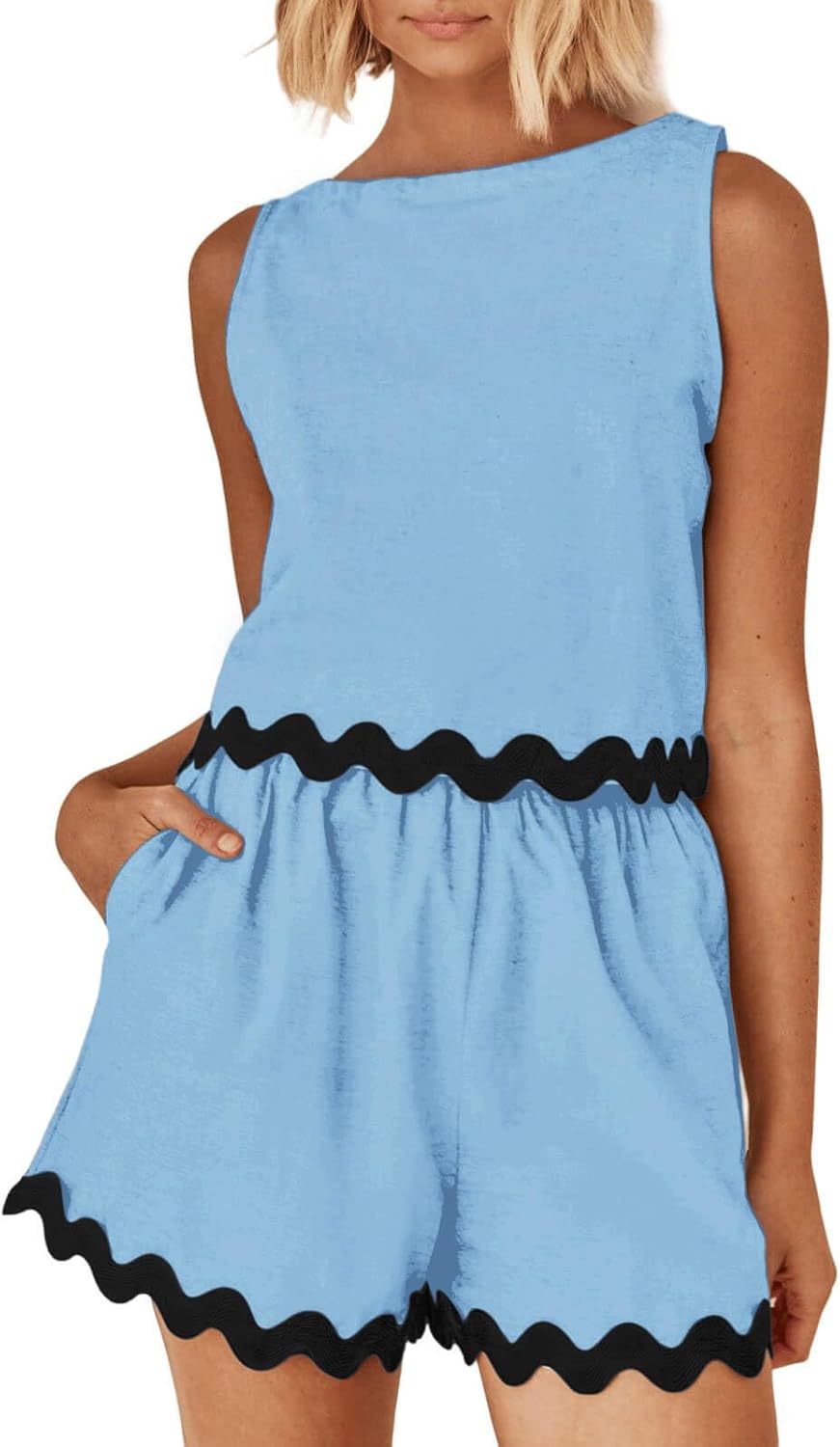 Tankaneo Womens 2 Piece Vacation Outfits Lounge Sets Casual Cropped Tank Tops Shorts Matching Set