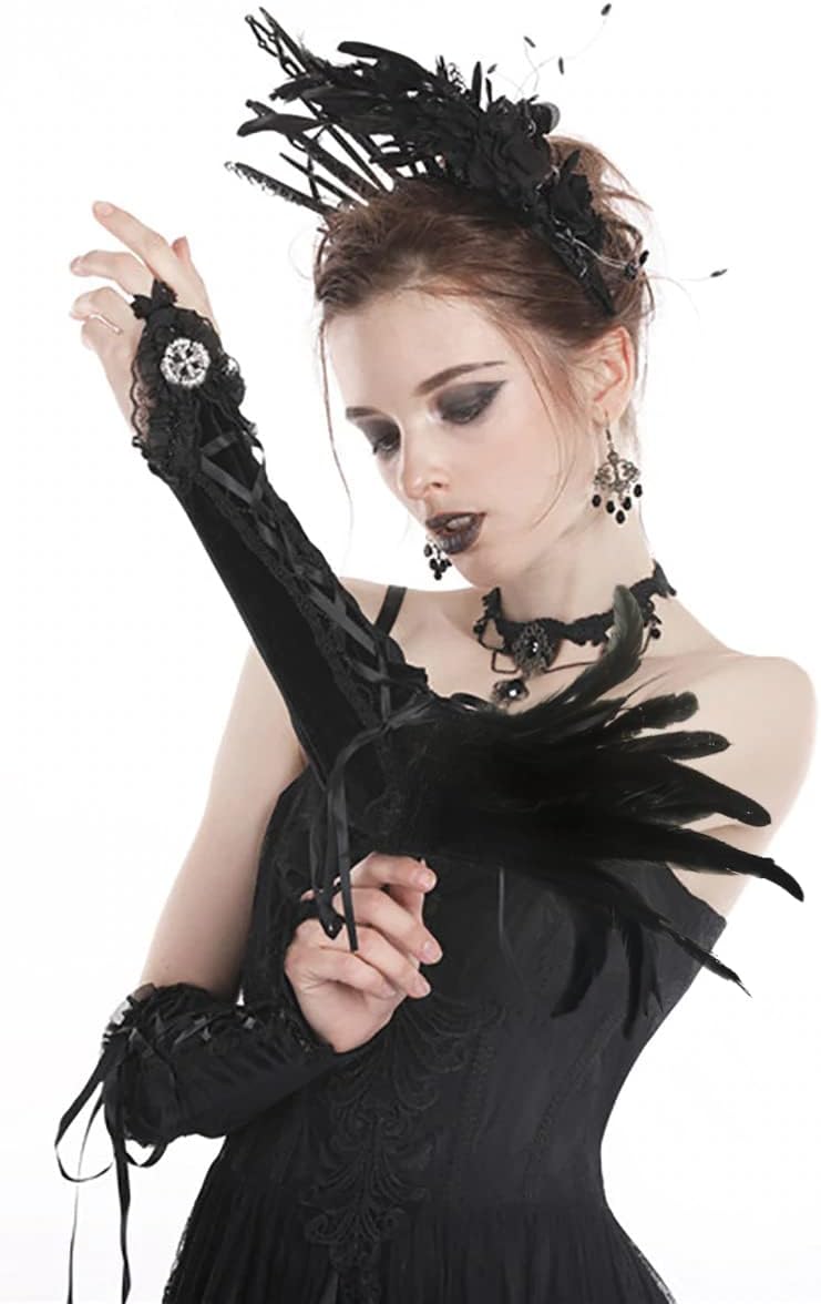 Black Lace Feather Gloves Cuffs for Women Cosplay Costume Accessories with Swan Wrist Bands