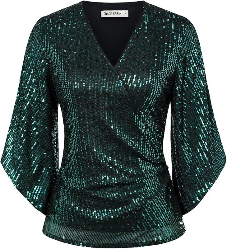 GRACE KARIN Women's Sequin Tops 3/4 Sleeve Glitter Sparkly Party Blouse Wraped V-Neck Fall Going Out Shirt