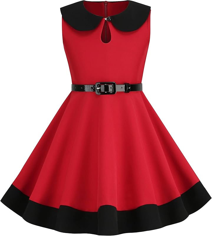 Kids Girls 50s Audrey Vintage Polka Dot Swing Party Rockabilly Dress Retro Peter Pan Doll Collar Wedding Casual Skater Dress