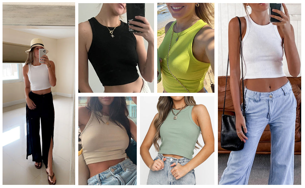 Artfish Women Casual Basic Sleeveless High Neck Rib-Knit Y2k Crop Tank Top