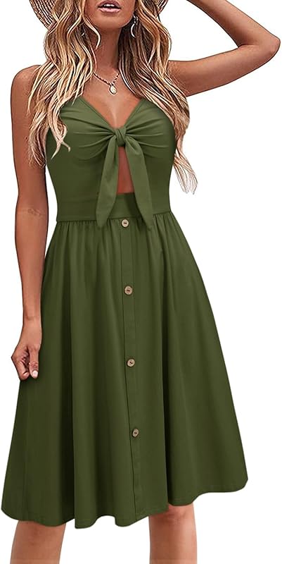 VOTEPRETTY Womens Summer Dresses Tie Front Beach Dress Spaghetti Strap Sundress with Pockets for Party Vacation