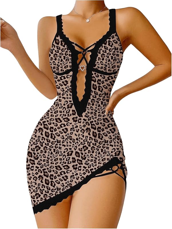 SHENHE Women's Ribbed Deep V Neck Floral Print Lace Trim Sexy Nightgown Chemise Slip Dress