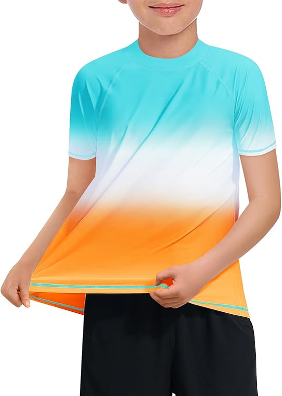 Haloumoning Boys Gradient Rash Guard Swim Shirt Short Sleeve UPF+ 50 Sun Shirts for Kids Rashguard Water Shirts