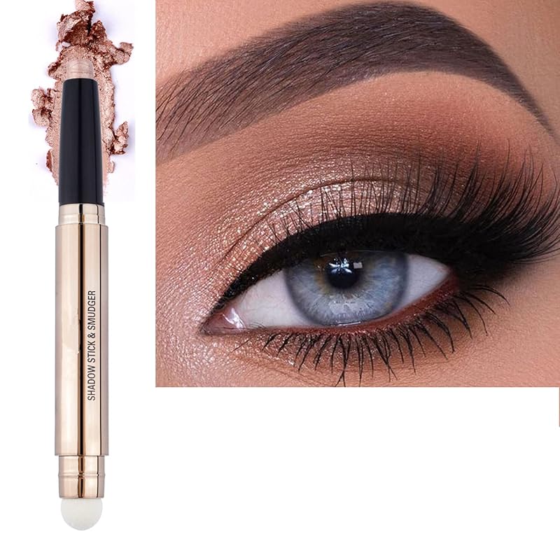 2 in 1 eyeshadow stick and Sponge Makeup Brush, Smooth Cream Shimmer Shadow Pencil Long Lasting Waterproof Eye Shadow Highlighter Stick Makeup , Hypoallergenic Highlighter Multi-Dimensional eyes Look