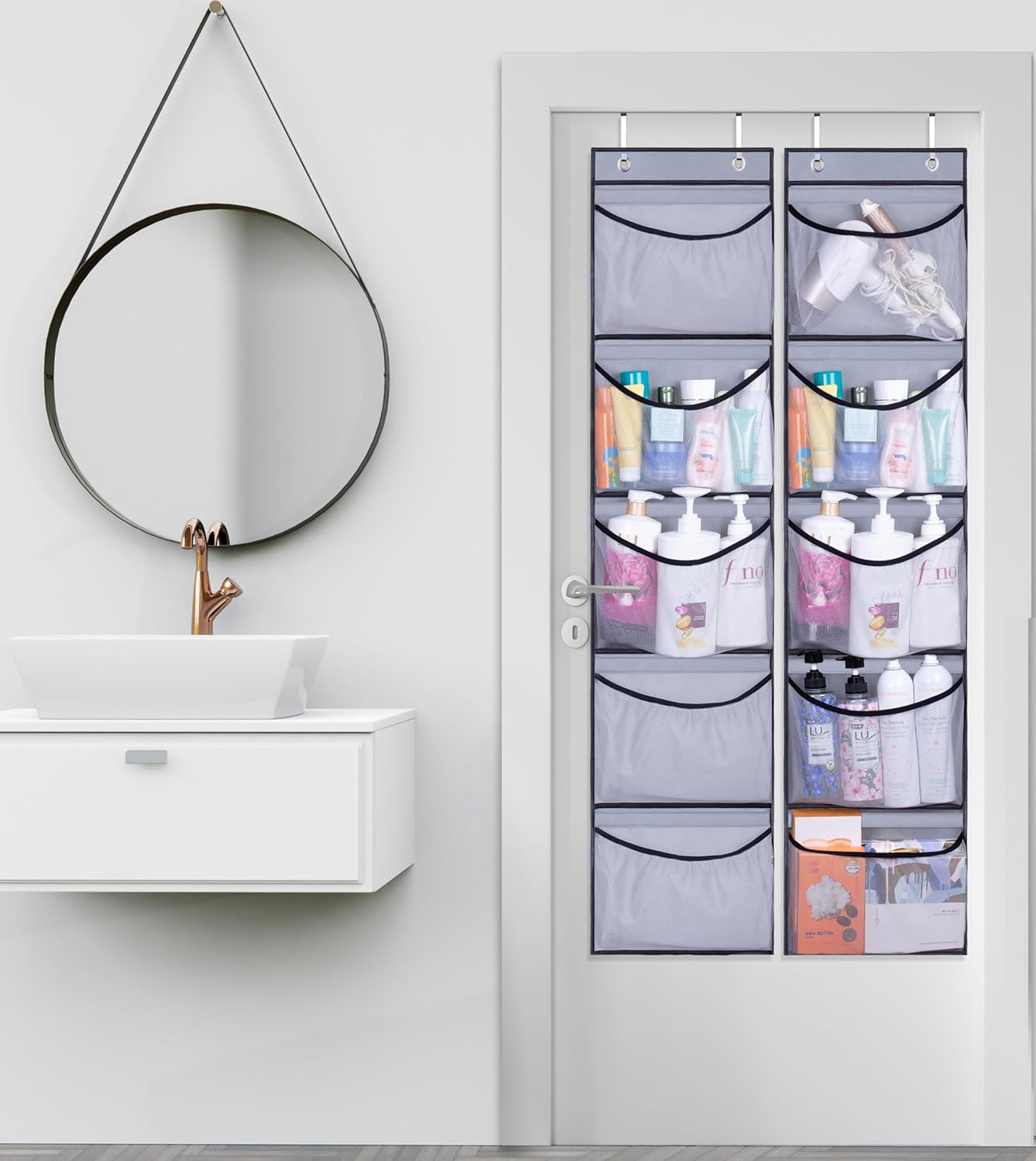 KEETDY Hanging Shelves Over the Door Organizer Storage for Closet with 5 Pockets Organizer for Bedroom Bathroom, 2 Pack(Grey)