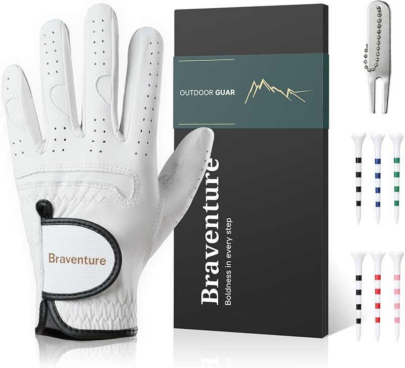 Braventure Kids Golf Glove, Breathable Sheepskin Leather with Good Grip for Right Handed Golfer for Hot and Humid Weather Include Golf Tees & Divot Tool