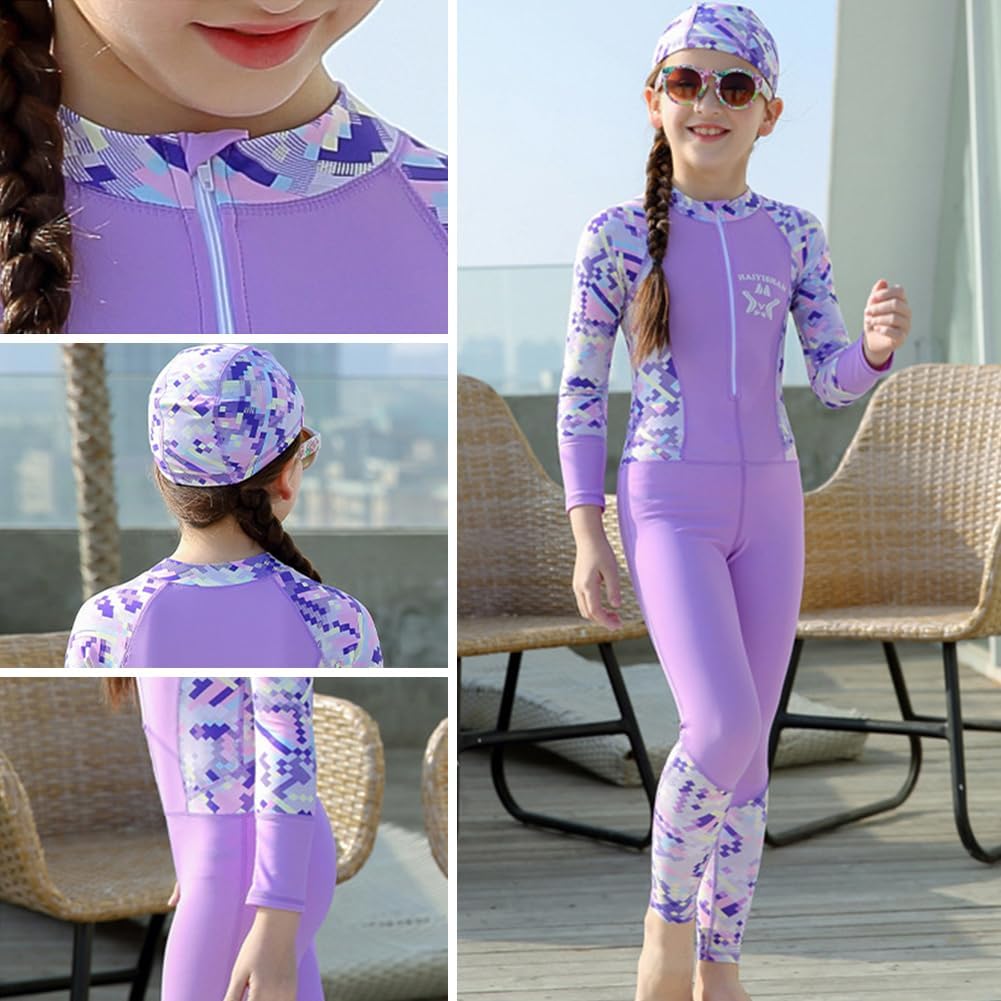 IDOPIP Girls One Piece Swimsuit with Cap Kids Long Sleeve Rash Guard Zip Surfing Swimwear UPF 50+ Sun Protection Bathing Suit