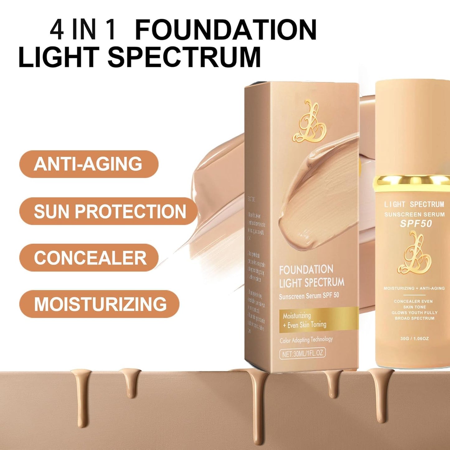 Biological Match 4-in-1 Foundation - Light/Medium Spectrum, Mature Skin Color Changed, Protect from Sun SPF 50+ Concealers Waterproof (Light, 1 Ounce)