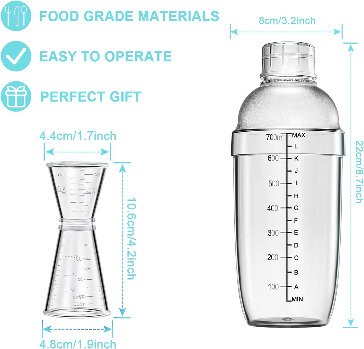 4 pcs Clear Cocktail Shaker Set 2 pcs Plastic bar Shaker with 2 pcs Plastic Cocktail Double Measuring Jigger