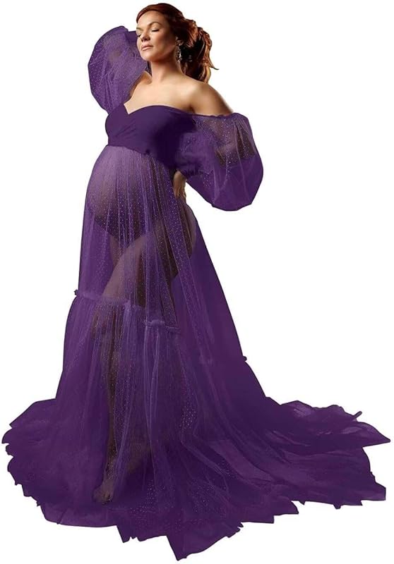 Off Shoulder Tulle Maternity Dress for Photoshoot Puffy Sleeve Wedding Bridal Pregnancy Robe Baby Shower Photography