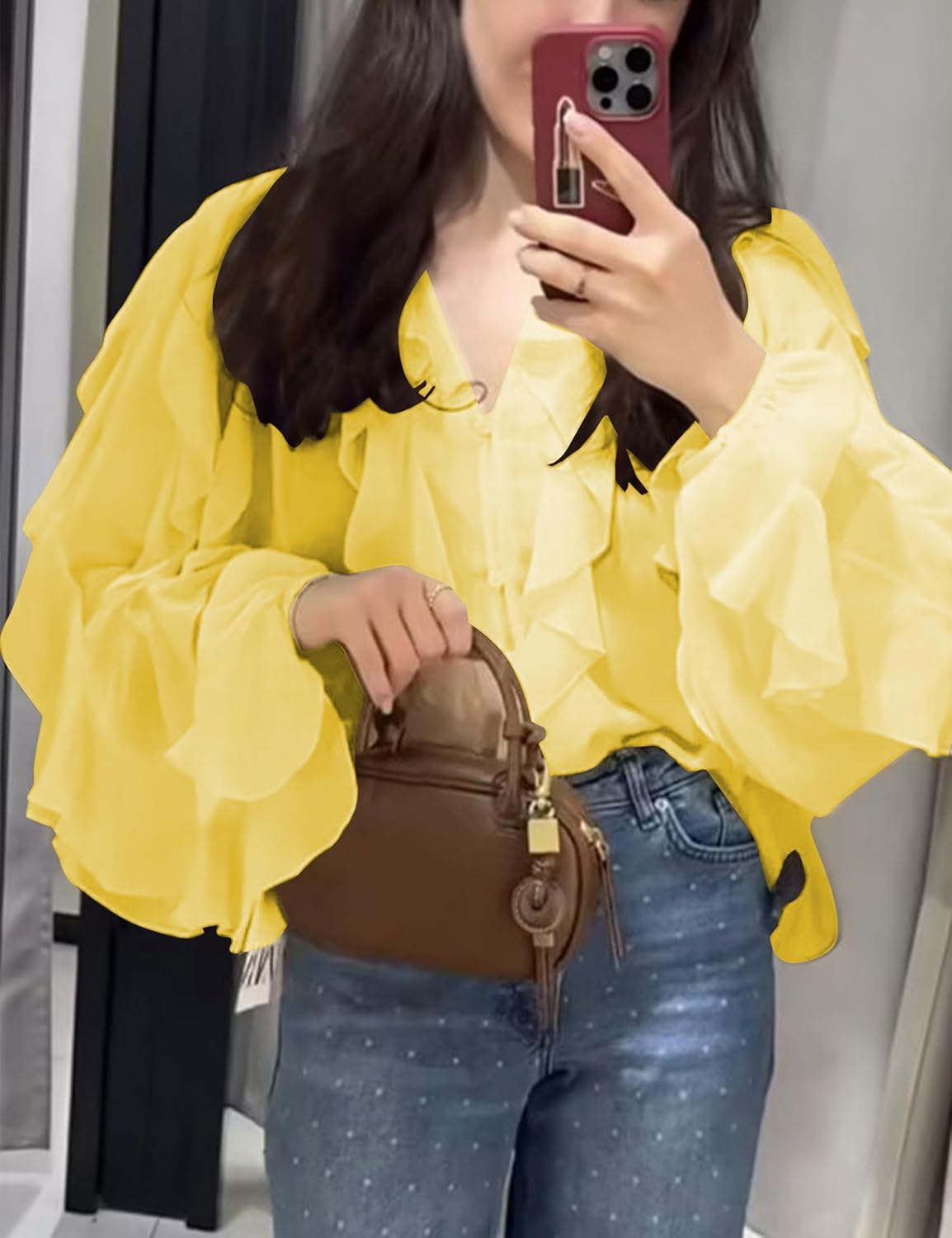 HangNiFang Ruffled Multi-Layered Summer Blouse for Women Trendy Semi See Through V-Neck Long Sleeve Button Chiffon Shirt Tops