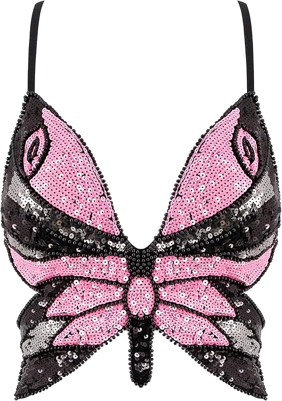 Mocure Womens Glitter Sequin Butterfly Crop Top Low-Cut Tank Top Rave Tube Vest Top for Belly Dance Costume Outfits