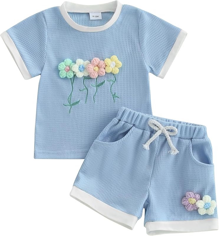 Kayotuas Toddler Baby Girl Summer Clothes 3D Flower Bow Short Sleeve T Shirt Tops Shorts 2Pcs Set Cute Infant Waffle Outfits