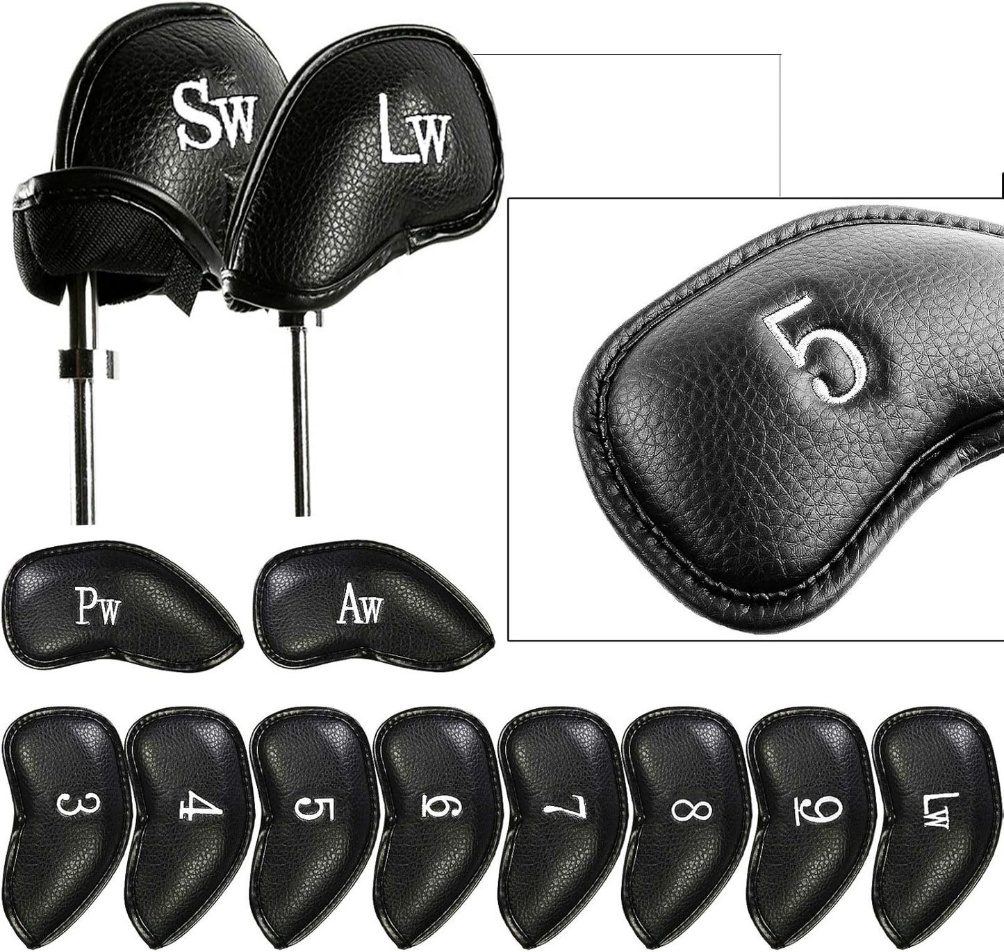 FINGER TEN Golf Iron Head Covers Value 12 Piece Set, Synthetic Leather Deluxe Club Headcover, Universal Fit Main Iron Clubs Gift Set