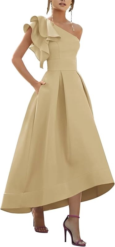 One Shoulder Satin Mother of Bride Dresses 2025 High-Low Ruffle Formal Evening Party Gowns
