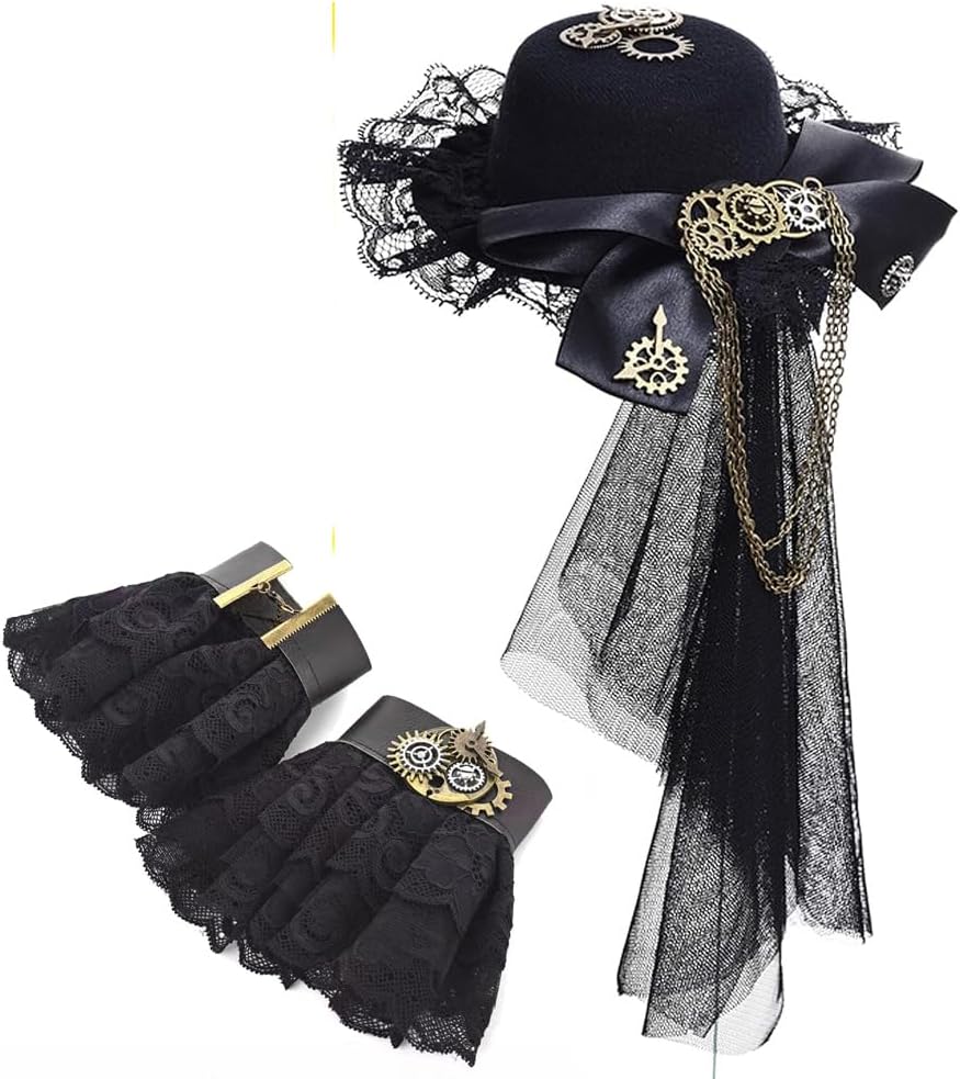 Womens Girls Vintage Lace Veil Tassels Steampunk Hair Clip Gears Bow-tie Mini Top Hat Gothic Lolita Fedoras Headwear