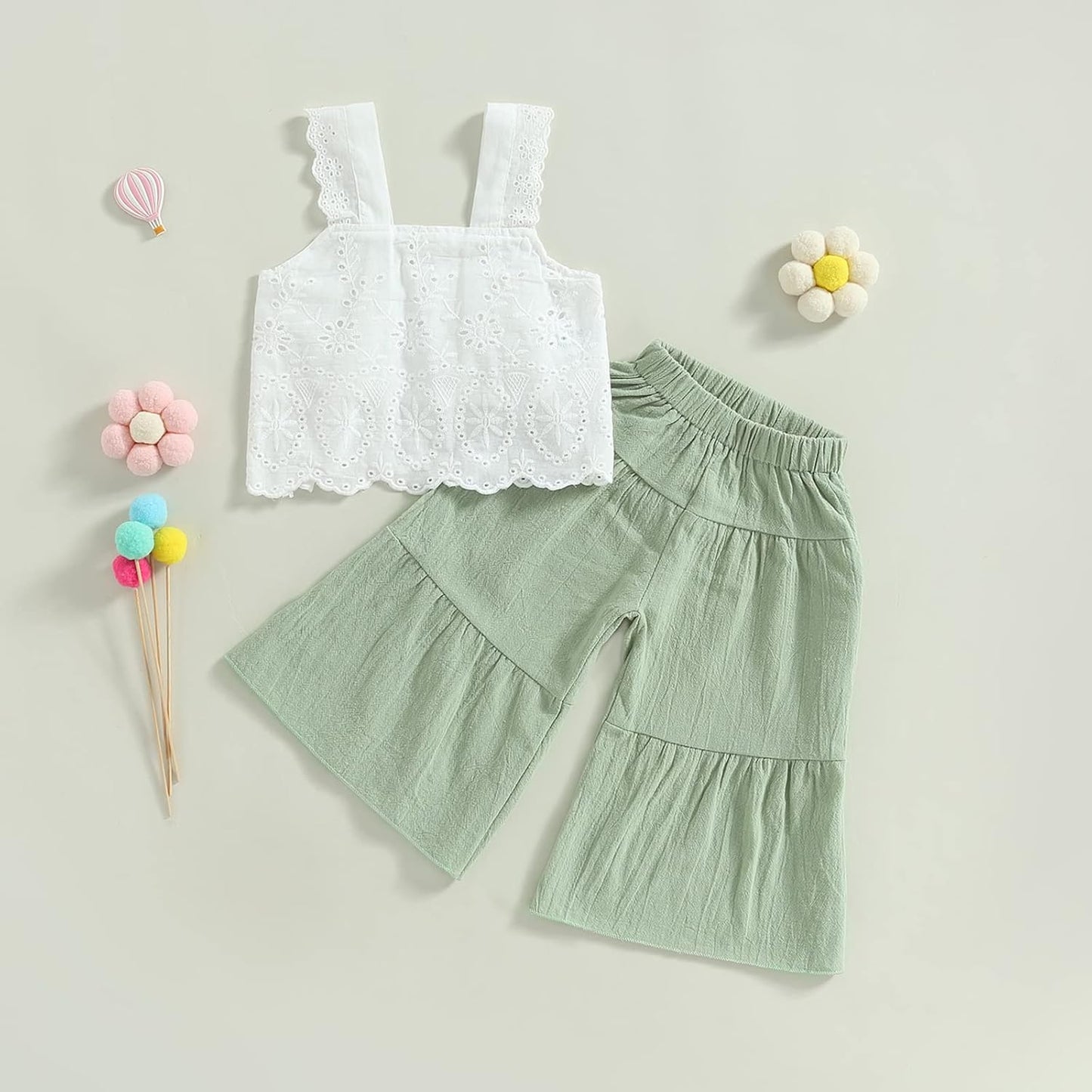 2PCS Baby Girl Sleeveless Strap Lace Crop Vest Tops + Flared Wide-Leg Pants Toddler Summer Outfits Set Clothes