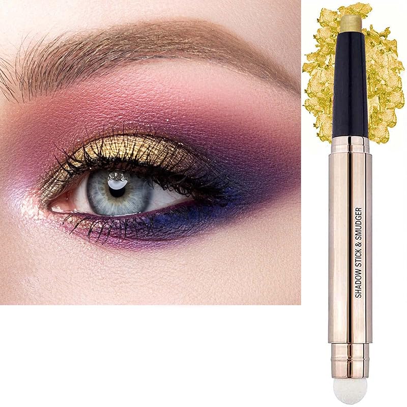 2 in 1 eyeshadow stick and Sponge Makeup Brush, Smooth Cream Shimmer Shadow Pencil Long Lasting Waterproof Eye Shadow Highlighter Stick Makeup , Hypoallergenic Highlighter Multi-Dimensional eyes Look