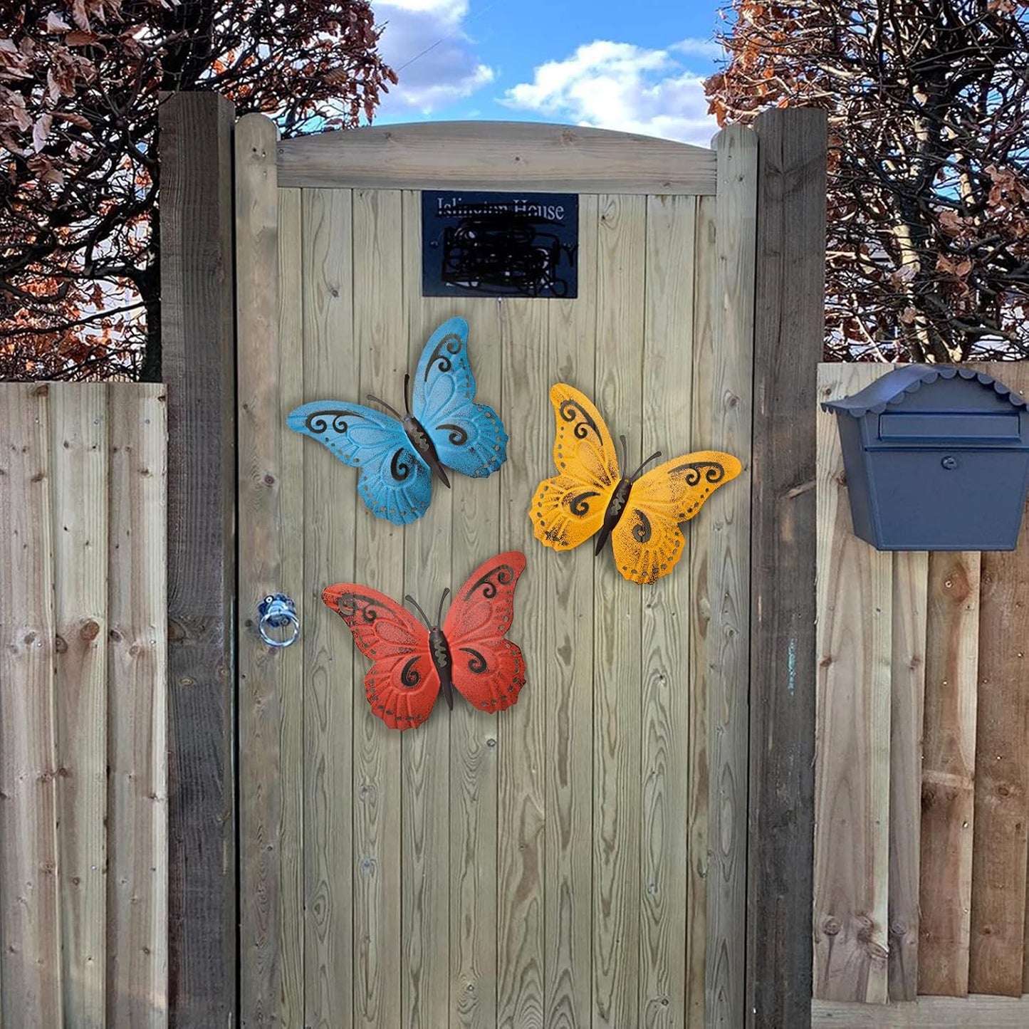 EASICUTI Metal Butterfly Wall Decor Butterfly Wall Art Hanging Sculpture For Indoor Outdoor Home Bathroom Living Room Bedroom Or Porch Patio Fence Yellow Red Blue 3 Pack 9.4" L x 7.5" H
