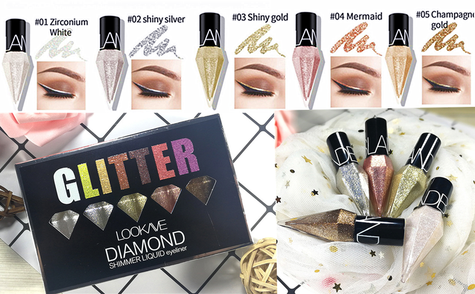 Go Ho Glitter Liquid Eyeliner Colorful Set,5 Colors Metallic Shimmer White Silver Gold Diamond Eye Liner,Glitter Eyeliner Eyeshadow Shine,Waterproof Long Lasting Glow Sparkle Eye Makeup