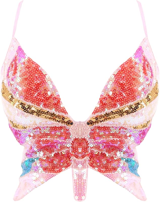 Mocure Womens Glitter Sequin Butterfly Crop Top Low-Cut Tank Top Rave Tube Vest Top for Belly Dance Costume Outfits