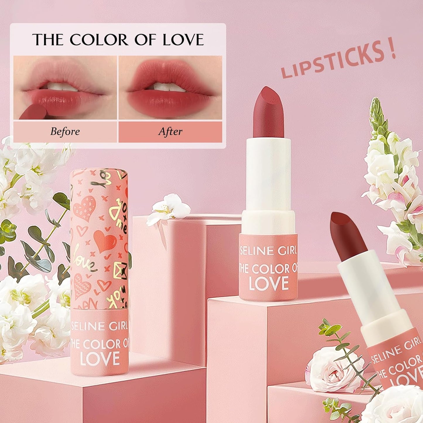 Love Lipstick Makeup, Lip Stain for Women Girls, Vivid Colors Long Lasting Lipsticks, Lip Balm Waterproof, Lipgloss for Girls, Lip Tint Misty Mud Texture #rose pink