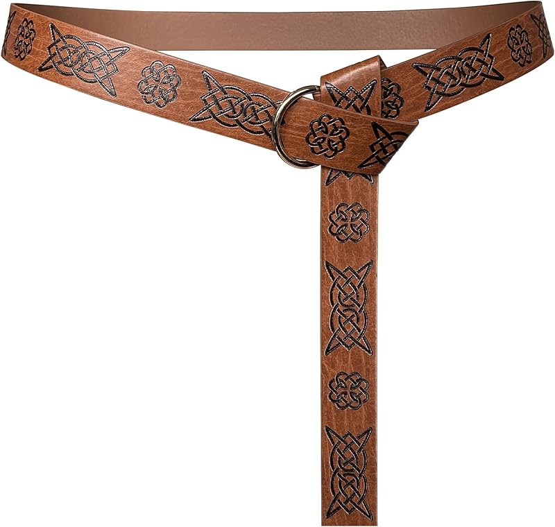 HiiFeuer Medieval Embossed PU Leather O-Ring Belt, Retro Renaissance Knight Belt