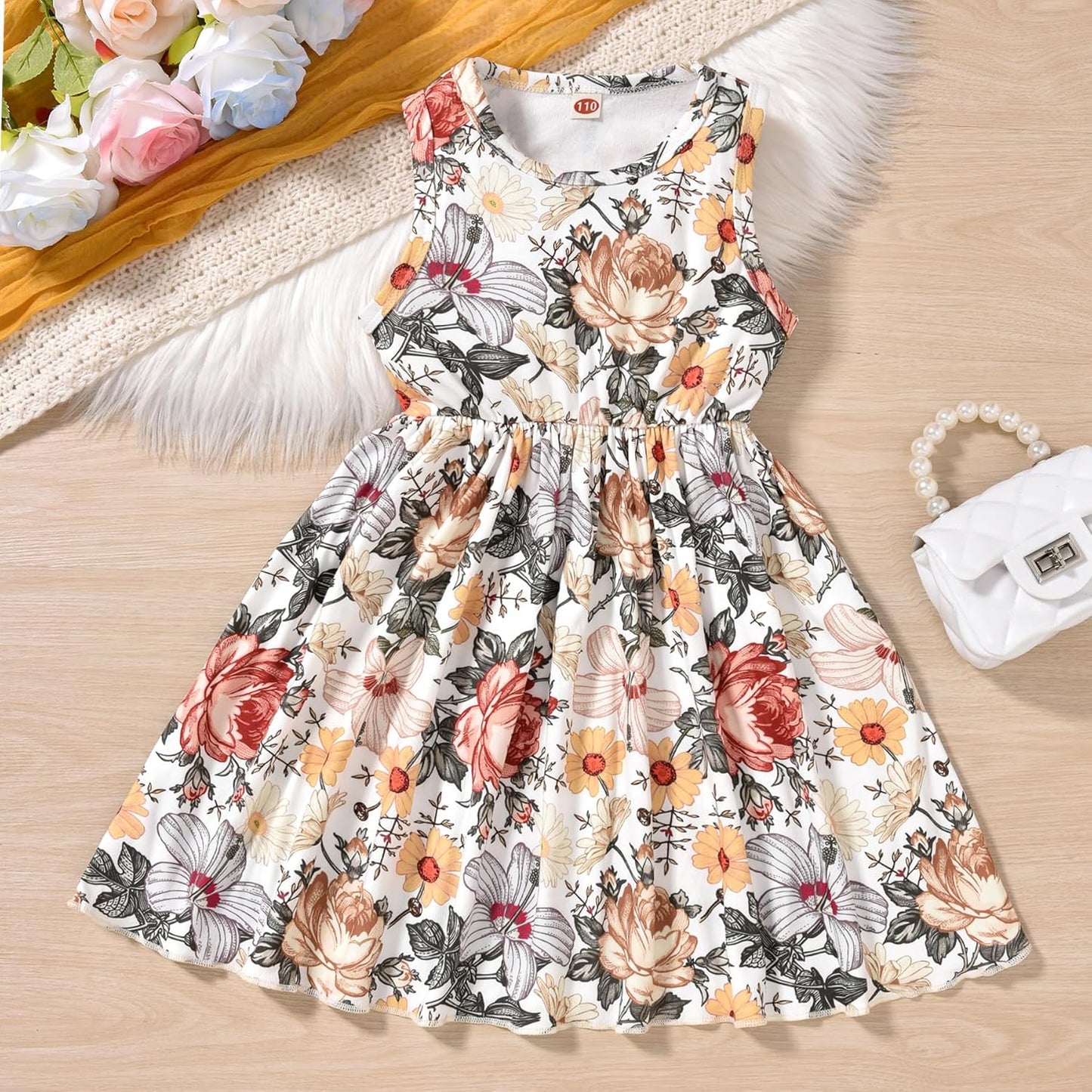 HINTINA Toddler Little Girls Dress And Cardigan Sets 2 Piece Floral Print Sleeveless Dress and Long Sleeve Cardigan Set