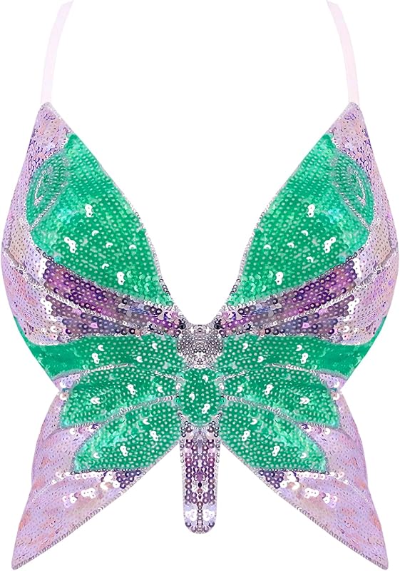 Mocure Womens Glitter Sequin Butterfly Crop Top Low-Cut Tank Top Rave Tube Vest Top for Belly Dance Costume Outfits
