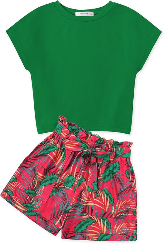 Arshiner Girls 2 Piece Outfit Summer Drop Shoulder Batwing Sleeve Tops and Paperbag Waist Shorts Set Cute Clothing Size 6-14