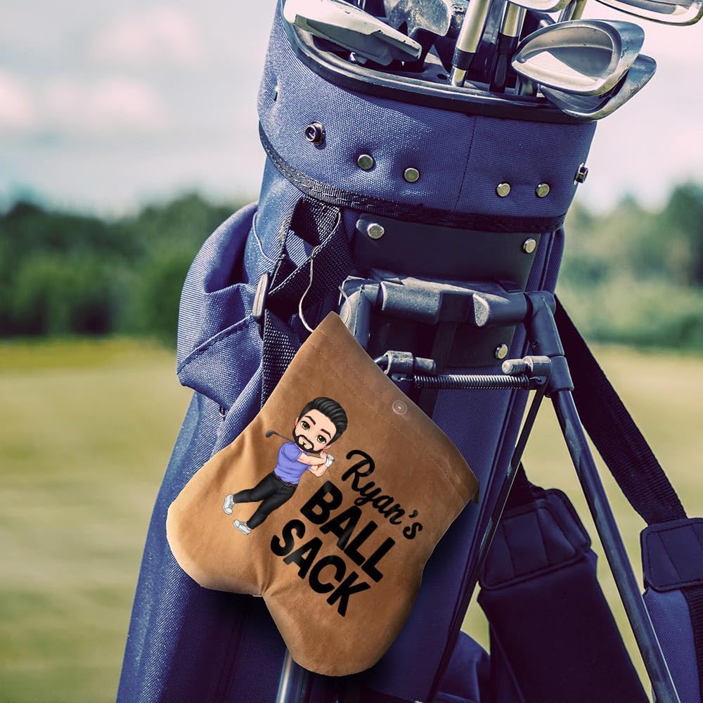 Personalized Golf Ball Bag Cartoon Character Flannel - Custom Name, Golf Accessory Bag with 2 Balls, Birthday Gift for Golfers