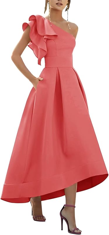 One Shoulder Satin Mother of Bride Dresses 2025 High-Low Ruffle Formal Evening Party Gowns