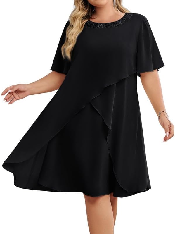 Hanna Nikole Plus Size Mother of The Bride Outfits Chiffon Wedding Guest Dress Cotail Dresses Evening Dress Festival Outfit Elegant Sequin Round Neck Formal Dresses