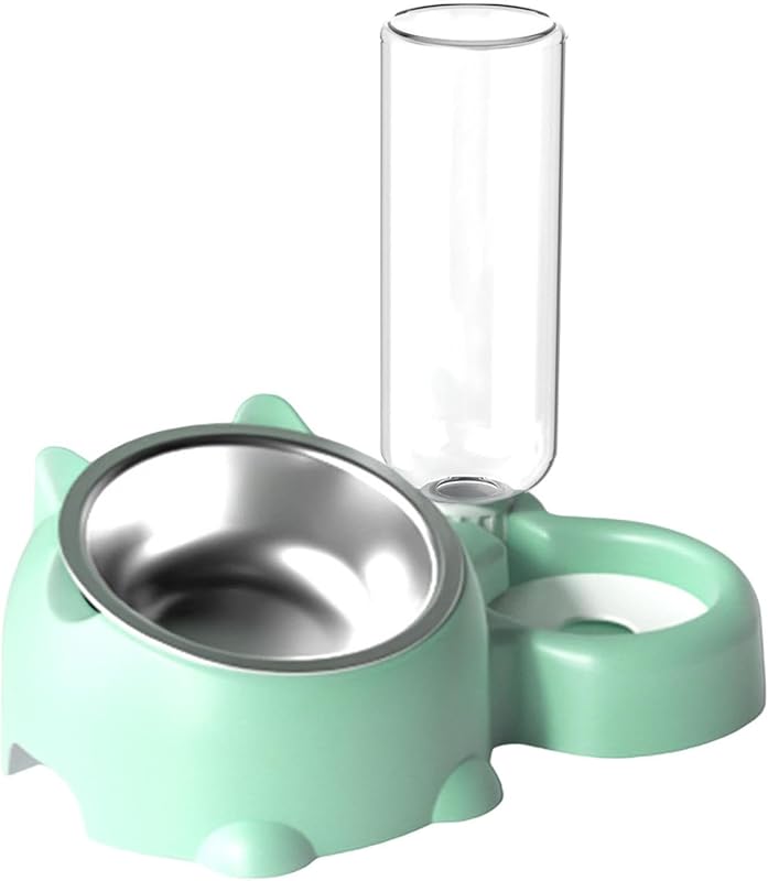 Double Dog Cat Bowls, Pets Water and Food Bowl Set, 15° Tilted Dishes with Water Dispenser, Pet Feeder Bowl Indoor for Kitten, Puppies, Small or Medium Size Dogs Cats (Grey)