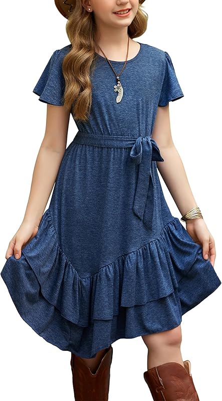 Arshiner Girls Dresses Loose Plain Casual Ruffle Swing Midi Dress with Belt for 5-14 Years