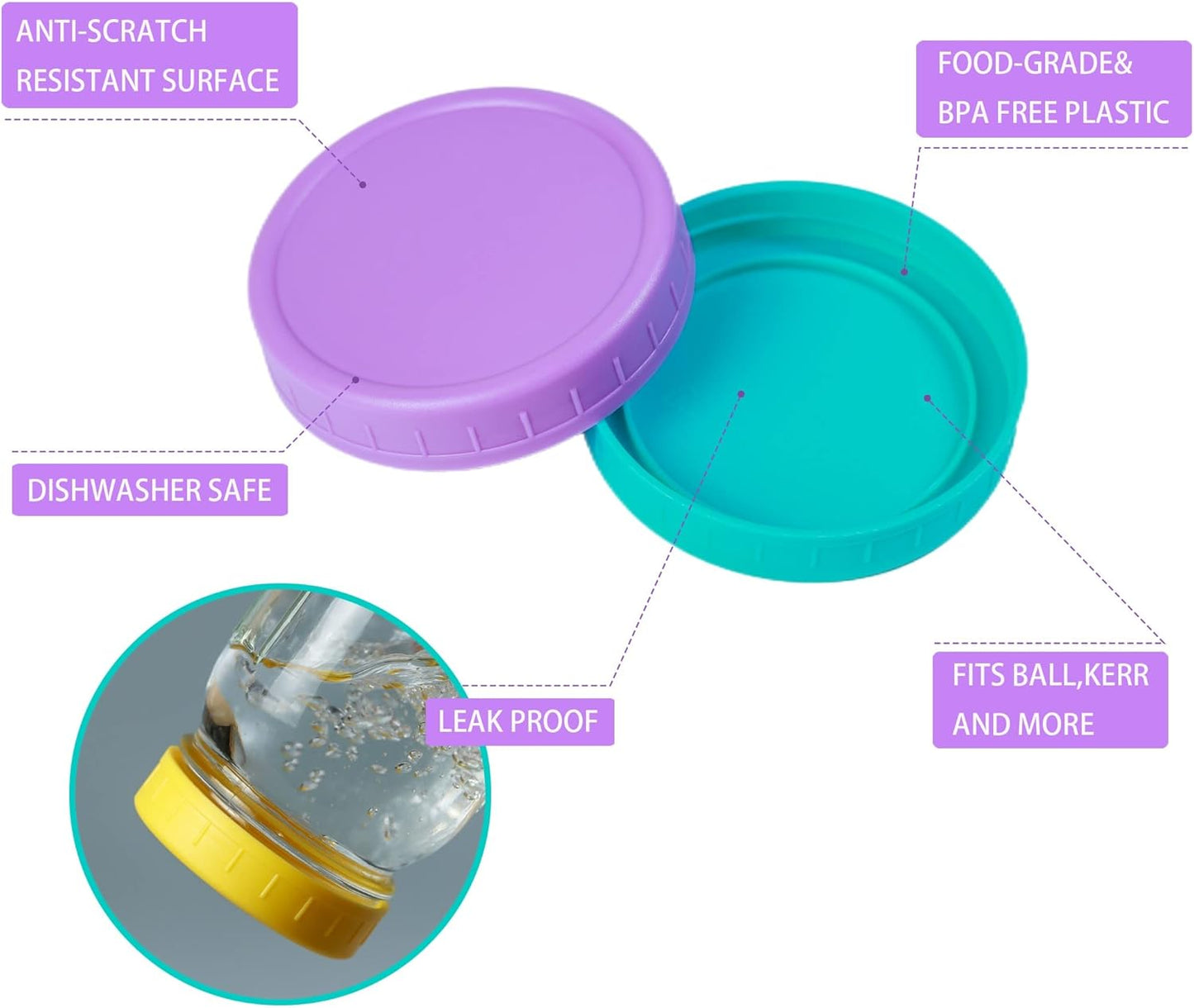 18 Pack 9 Wide Mouth & 9 Regular Mouth Mason Jar Lids with Silicone Rings,Thickened Leak-proof Lids Fit Ball,Kerr and More, 18 Color Plastic Lids, 86mm &70mm Plastic Mason Jar Lids