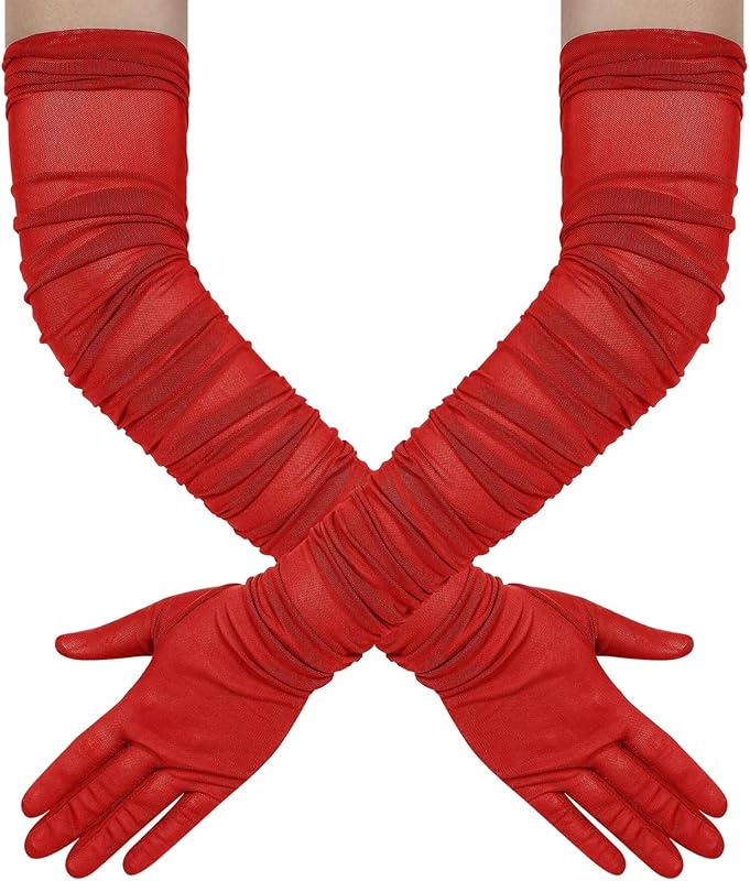 Hazhlko Women's Super Long Stretchy Ruched Mesh Tulle Sheer Gloves Costume Opera Party 1920's Dance Gloves