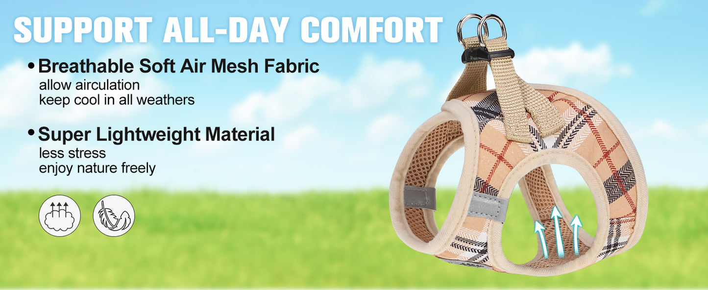 BEAUTYZOO Plaid Dog Harness and Leash Set for XS S Pets, Step-in No Choke No Pull Soft Mesh Vest Harness, Reflective for Extra-Small/Small Medium Puppy Dogs and Cats, Beige S