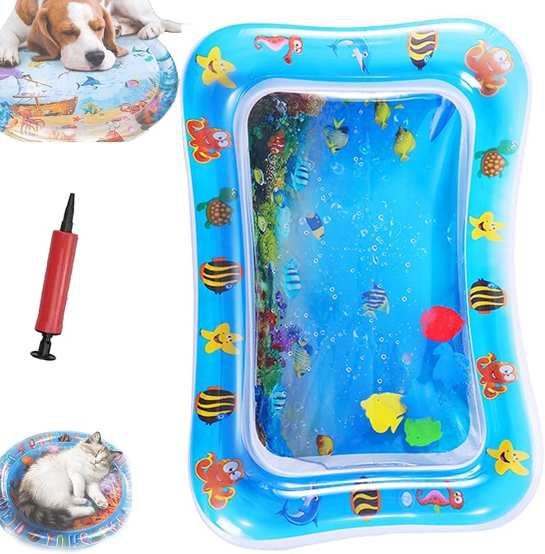 Pet Water Bed, Thickened Water Sensory Play Mat for Cats Dog, Waterbed Toy with Fish, Washable Inflatable Playmat, Puncture Proof Cooling Mat for Pet, Feel Cool Comfort (Large Round Model C)