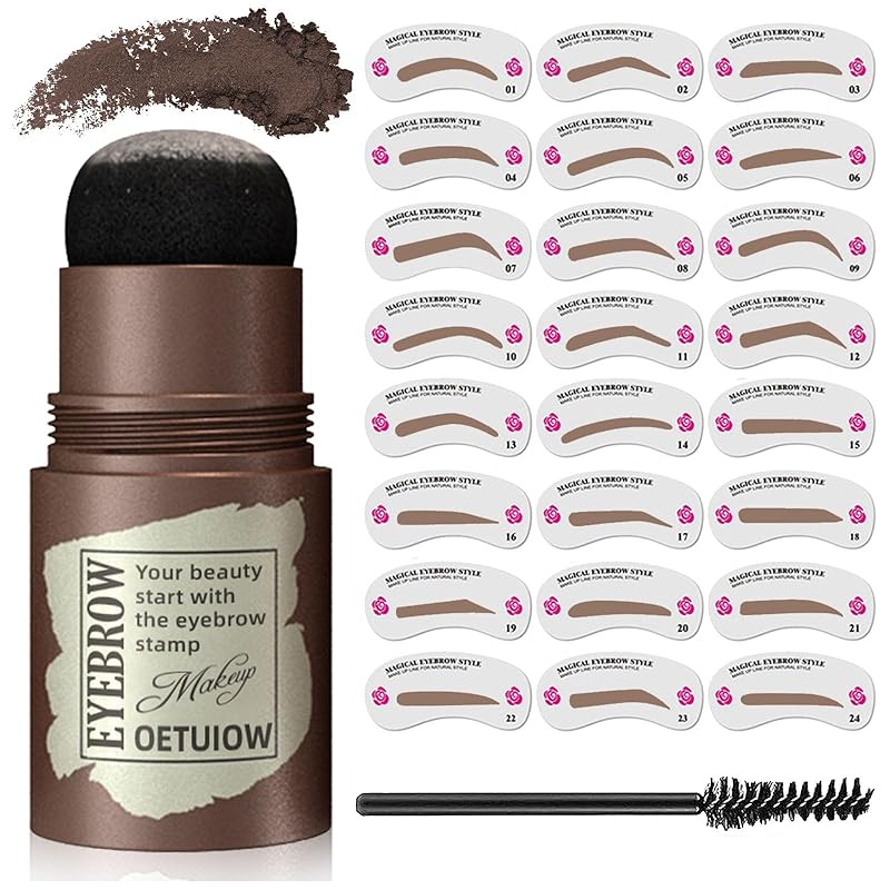 Eyebrow Stamp and Eyebrow Stencil Kit, Eye Brow Stencil Kit for Beginners 24 Reusable and Washable Eyebrow Shaping Kit, Brow Stencil and Stamp Kit Smudge-Proof & Long-Lasting (Light Brown)