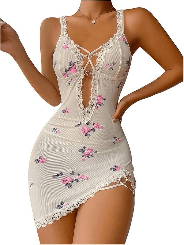 SHENHE Women's Ribbed Deep V Neck Floral Print Lace Trim Sexy Nightgown Chemise Slip Dress