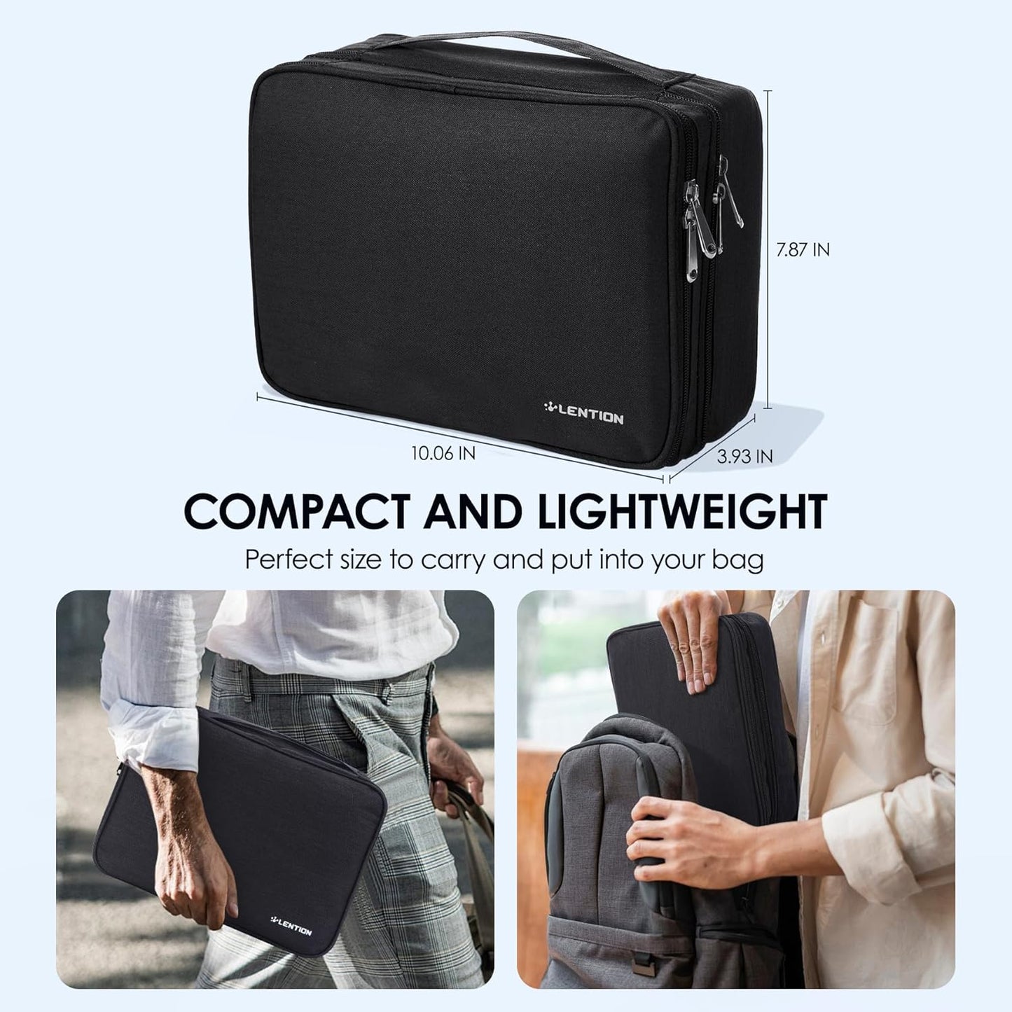 LENTION Cable Electronics Organizer Bag Pouch, Travel Accessories Carry Case Waterproof Double Layers All-in-One Storage Bag Carrying for Cord, Charger, Power Bank, Earphone Black
